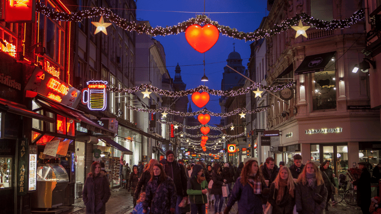 Strøget, a busy street in Copenhagen, at Christmas time